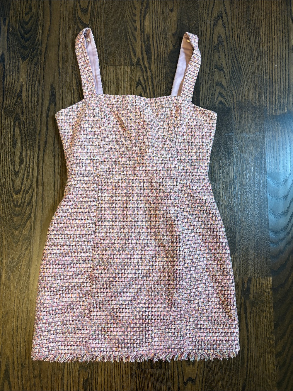 Babaton Pink Tweed Fringe Mini Dress